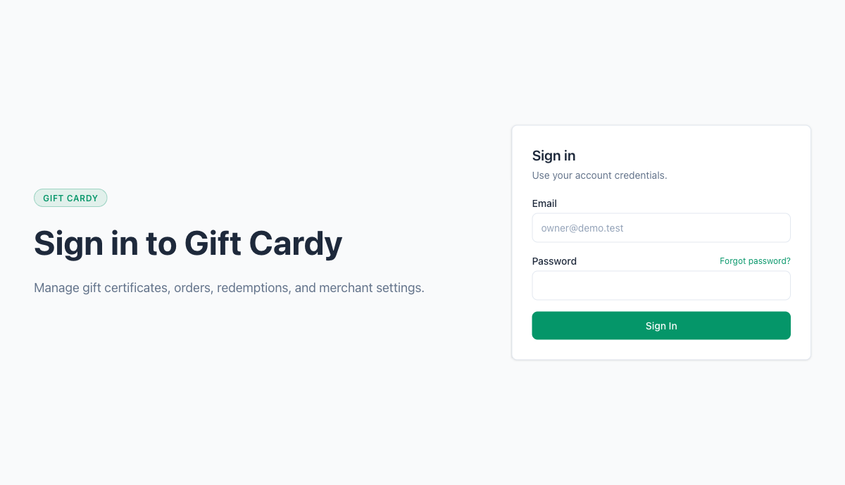 Gift Cardy sign-in screen.