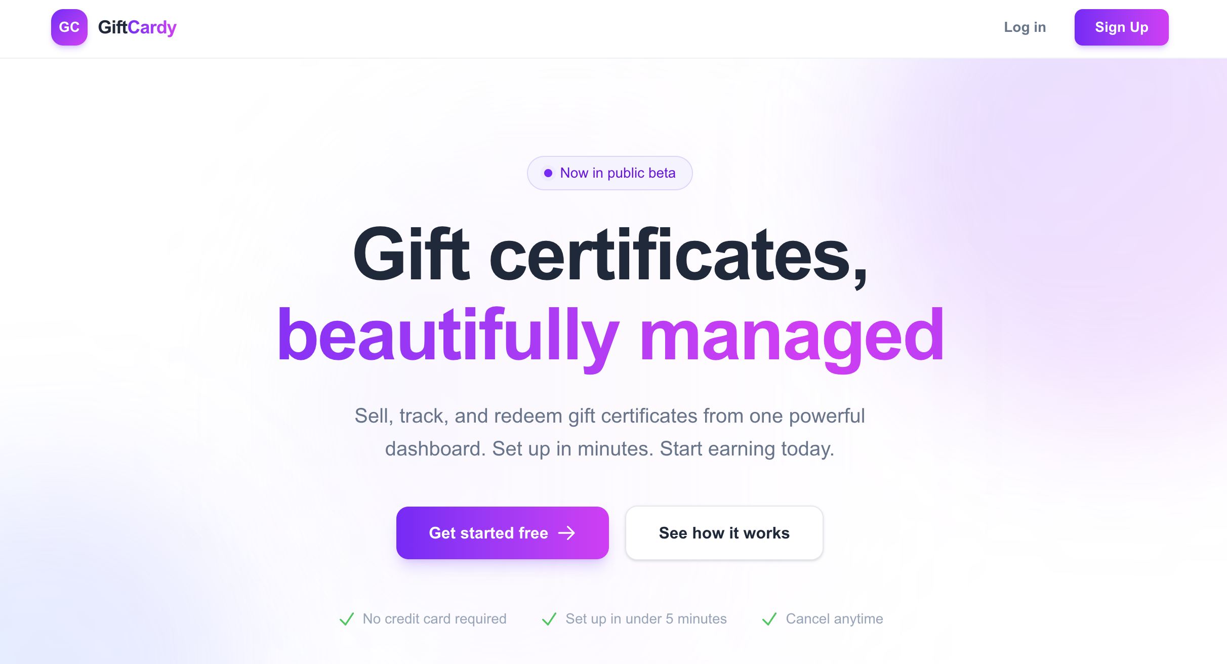 Gift Cardy marketing site — Gift certificates, beautifully managed.