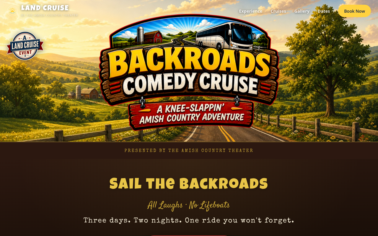 Backroads Comedy Cruise landing page — Sail the Backroads. All laughs, no lifeboats.