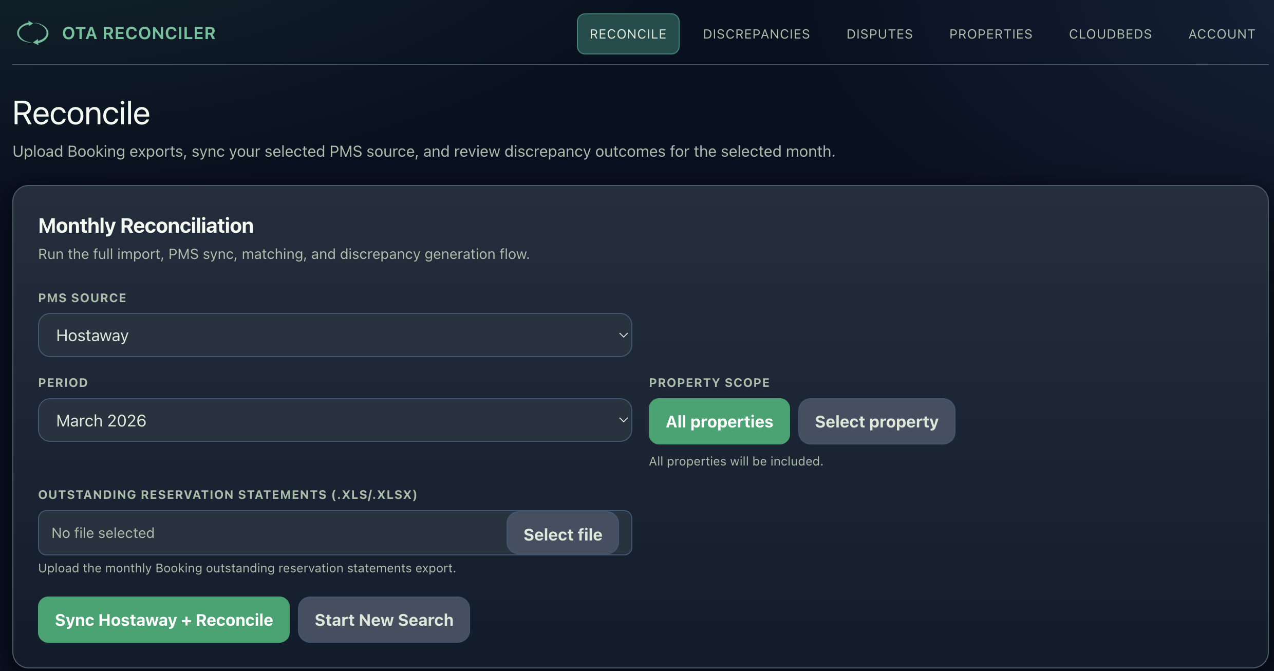 OTA Reconciler — monthly reconciliation flow with Hostaway as PMS source.