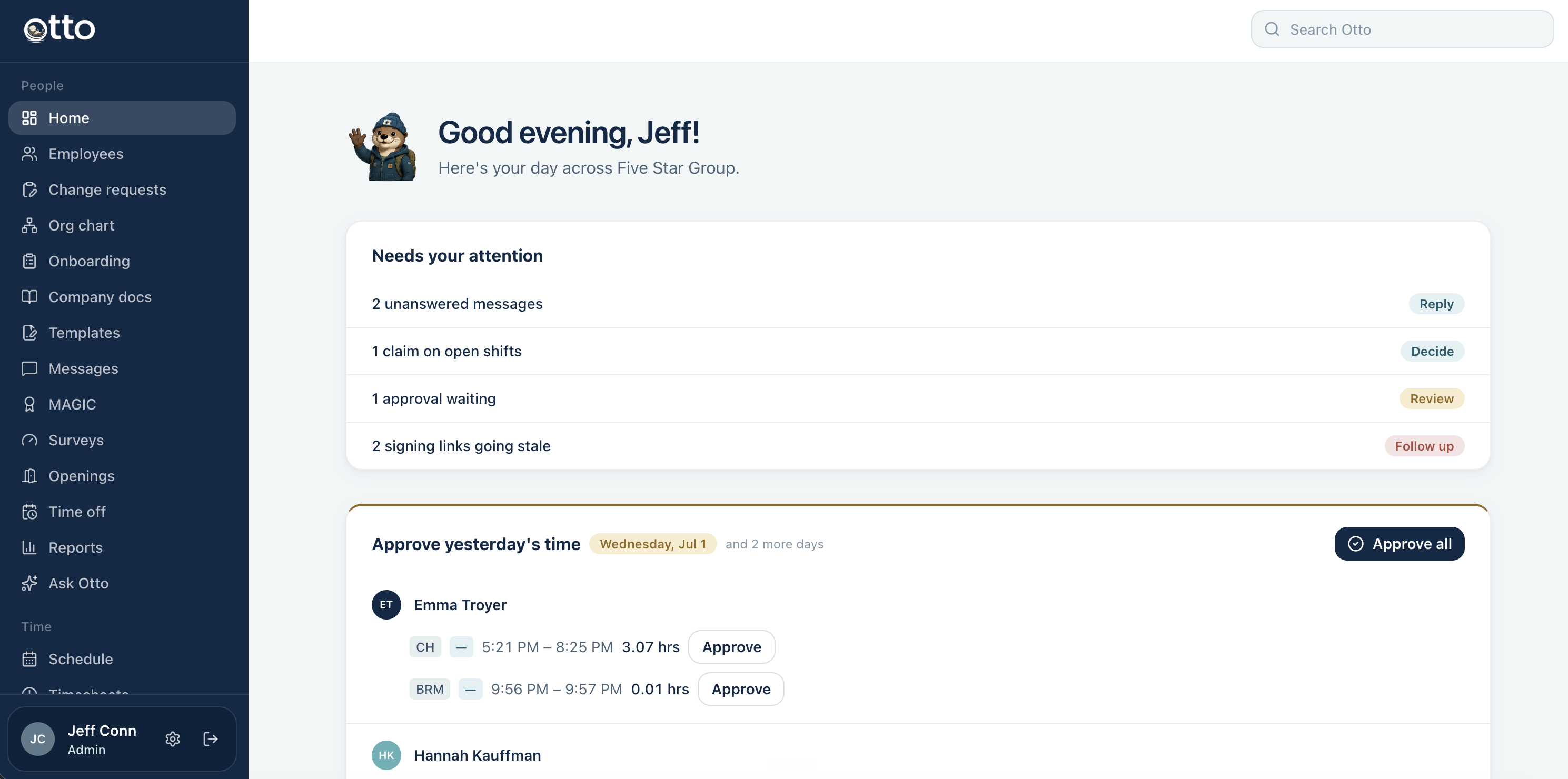 Otto's home screen — a greeting from the otter, the items needing attention, and yesterday's time ready to approve.