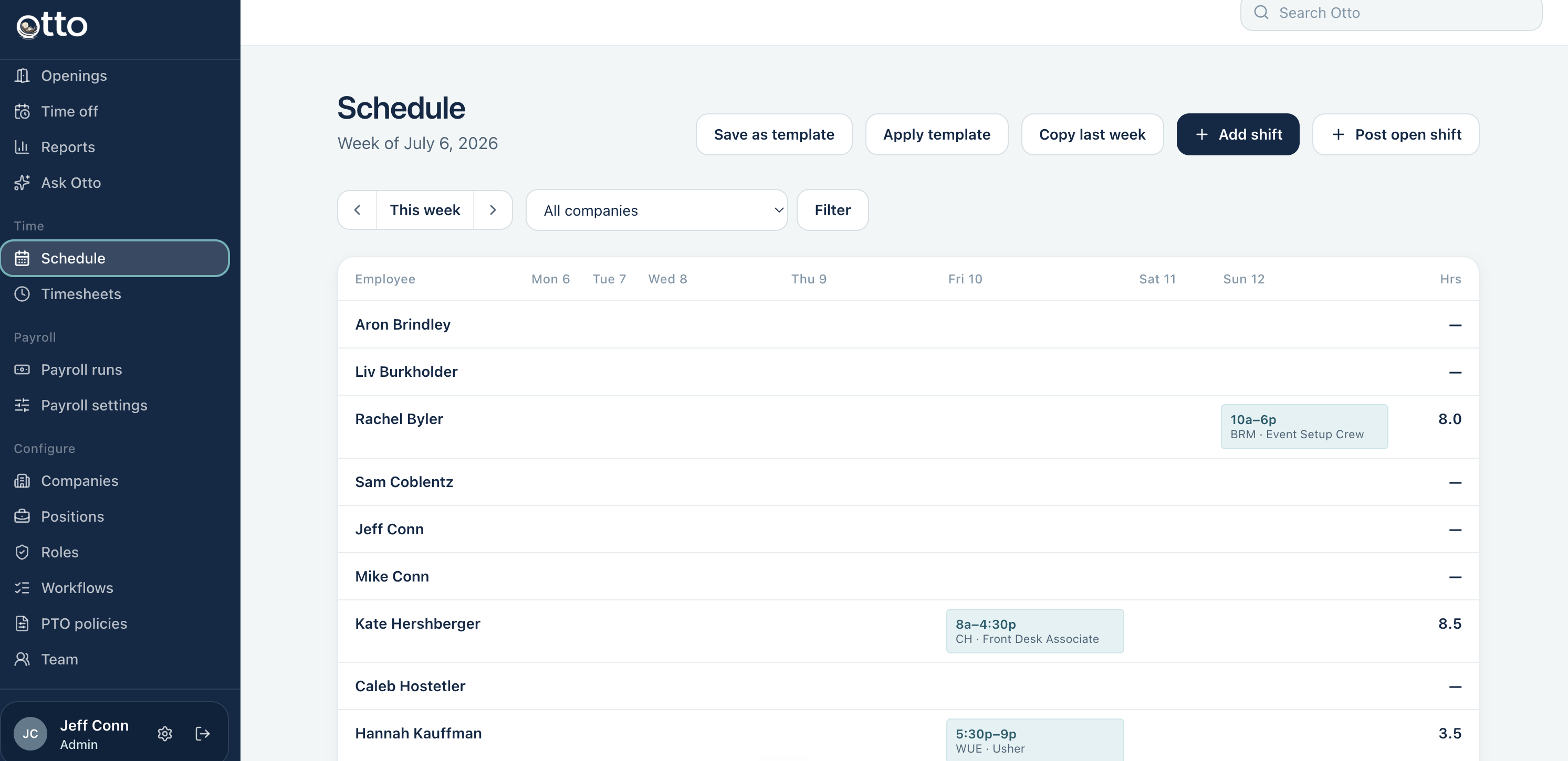 The schedule — one week, every company, shifts tagged by entity.