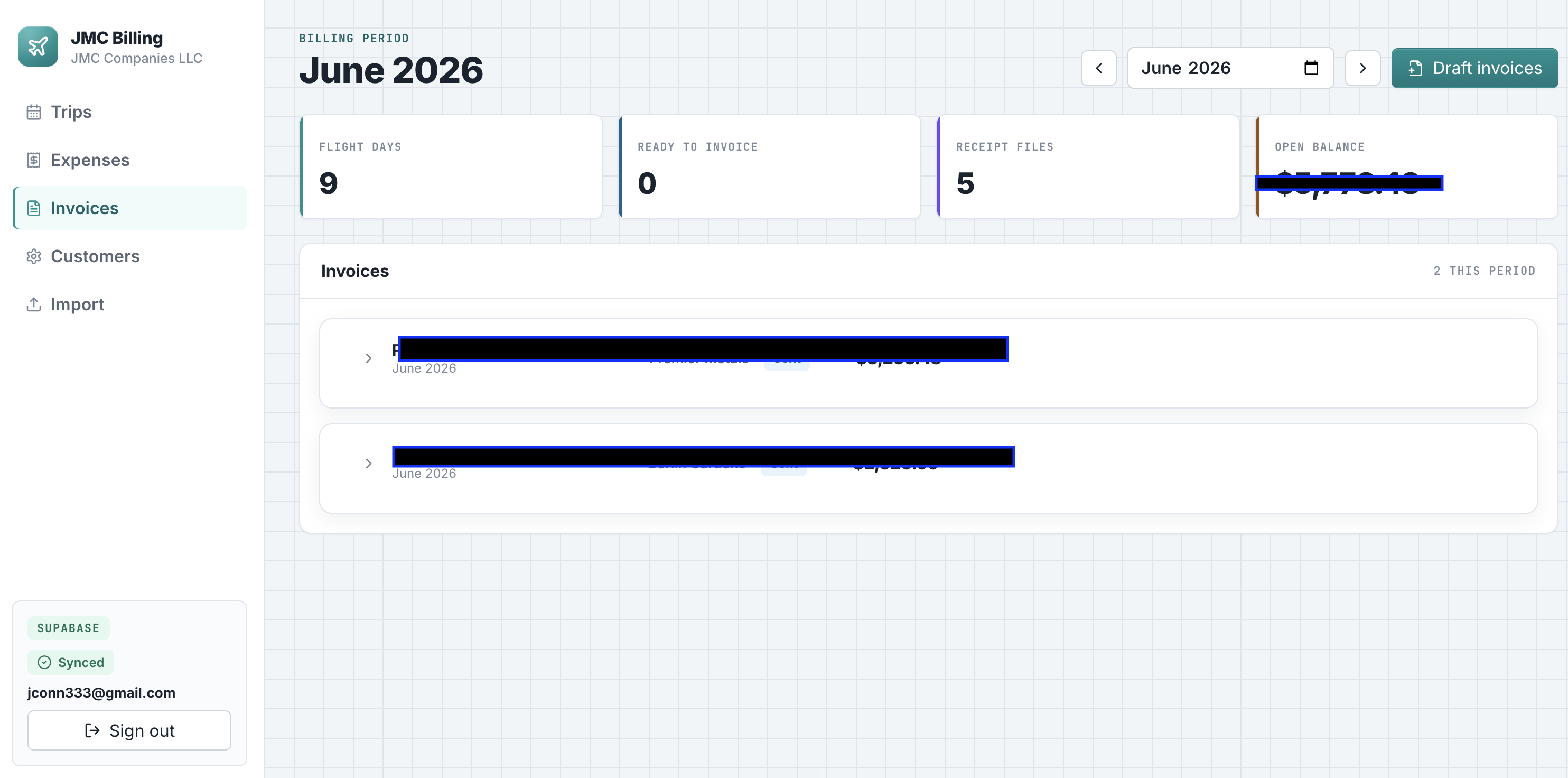 A month in the billing workspace — flight days, receipts, and the period's invoices. Customer names and totals redacted; the blueprint grid is just how it looks.
