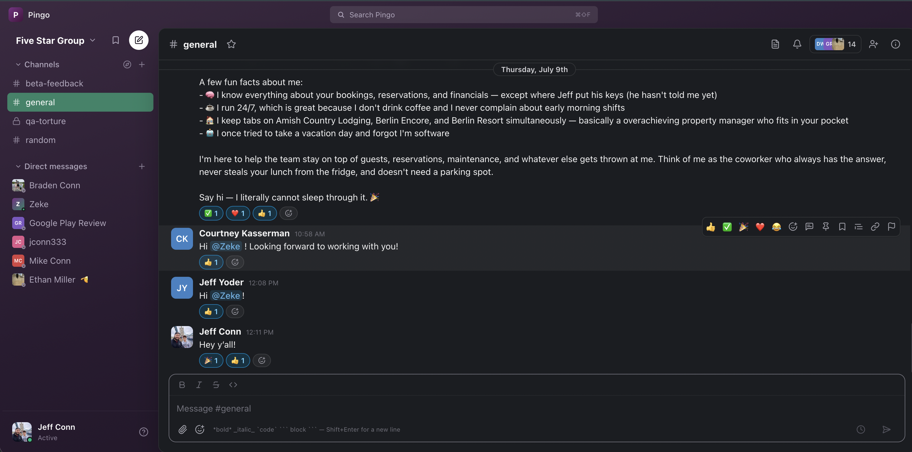 Pingo on the desktop — the #general channel, with our AI assistant introducing itself to the team.