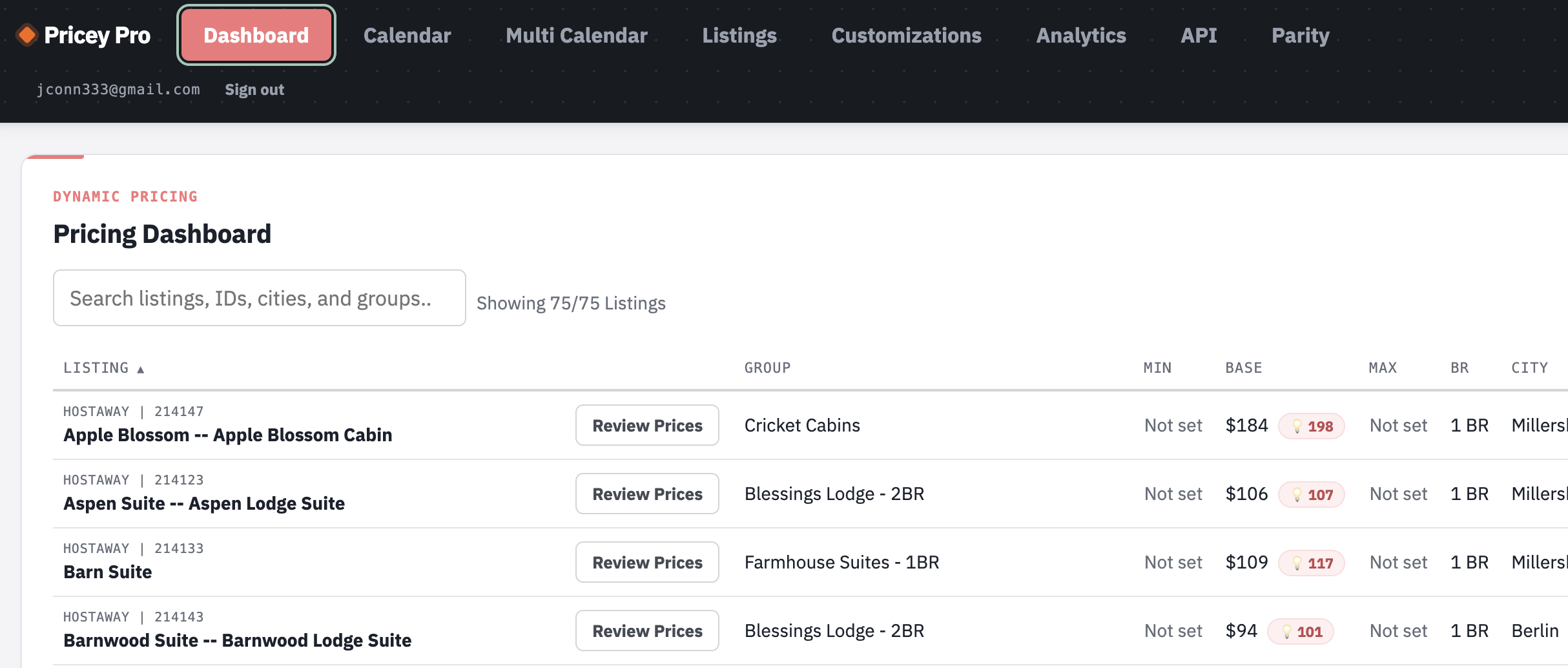 The Pricey Pro dashboard — all 75 listings, each with its floor, base, ceiling, and the engine's current recommendation.