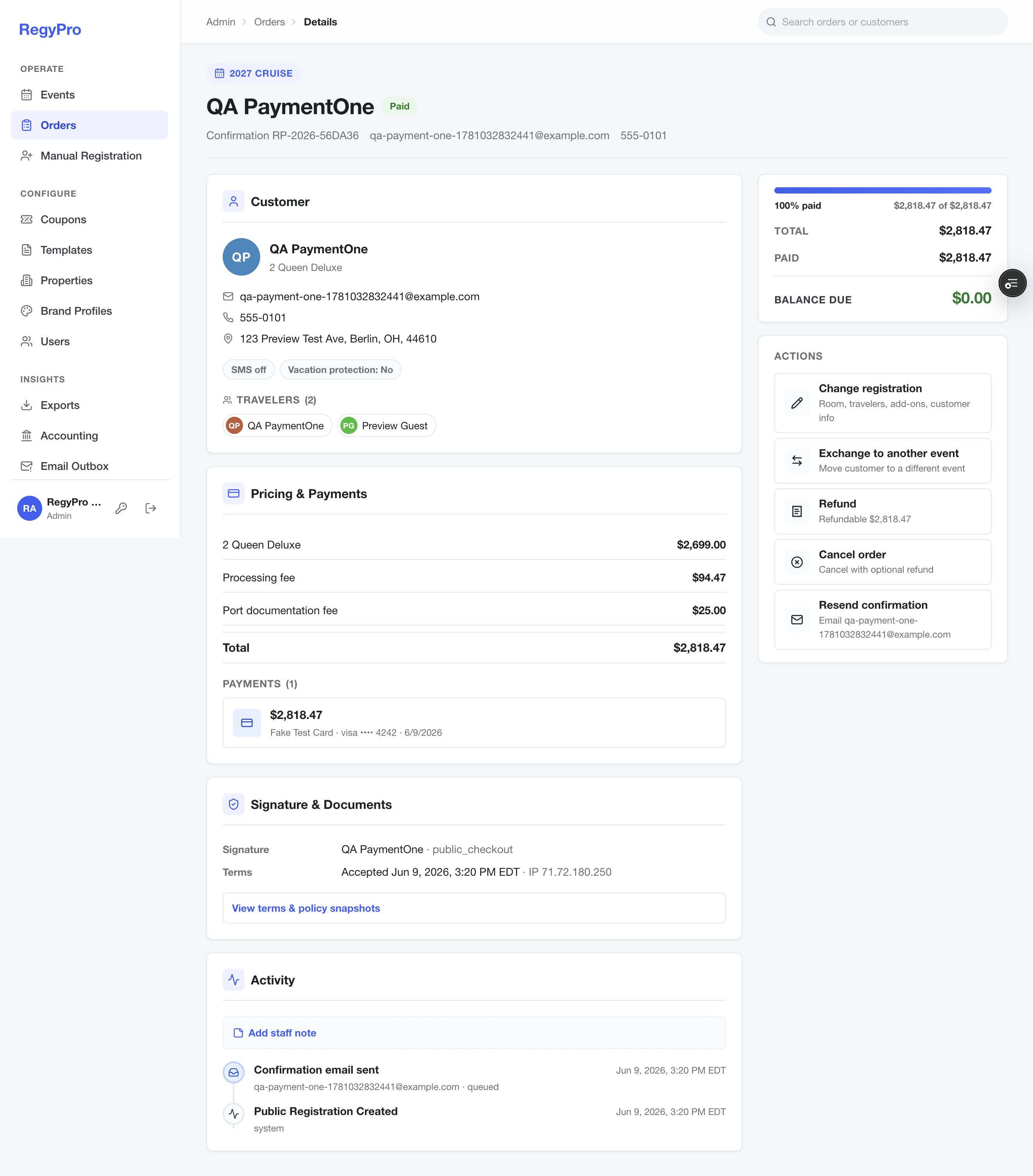 An order in the Regy Pro admin — items, payment history, and the actions an operator actually needs.