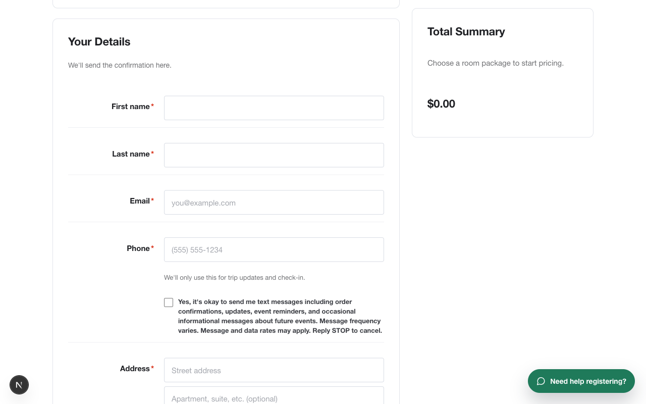 Regy Pro guest details form — first name, last name, email, phone, SMS opt-in, address.