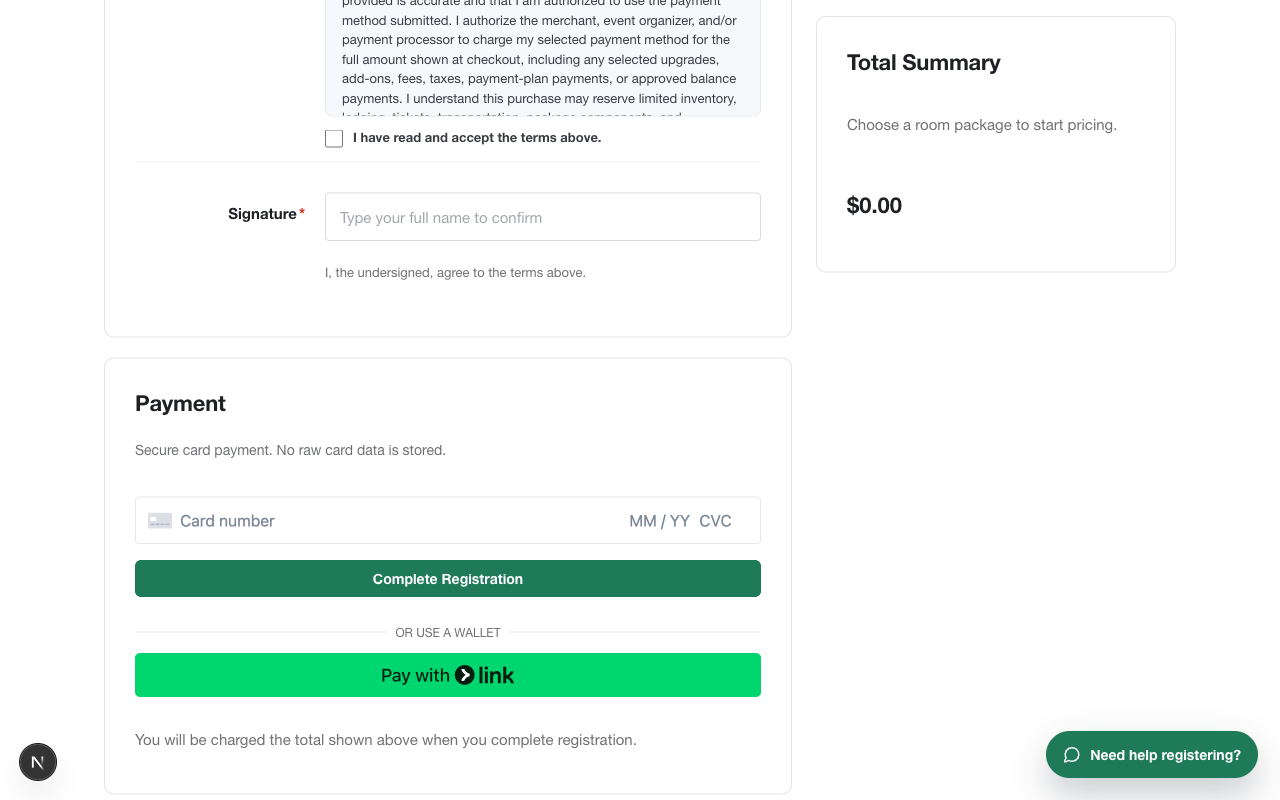 Regy Pro payment step — Stripe card field, Complete Registration button, Pay with Link wallet option.