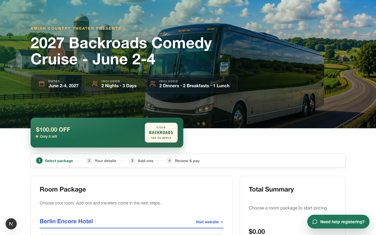Regy Pro checkout — package picker with hero image and total summary.