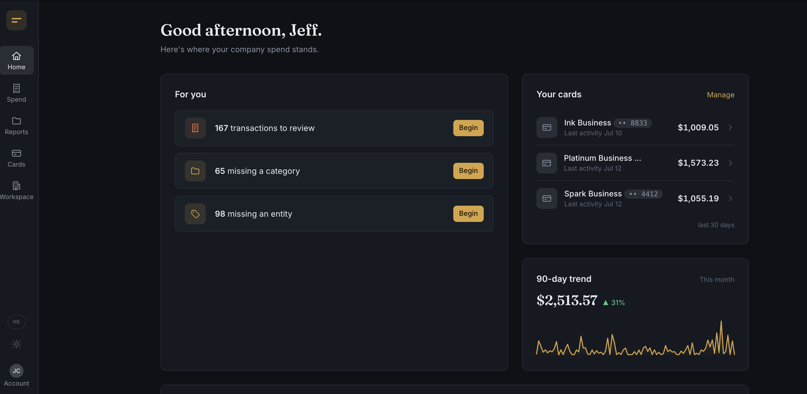Spendaroo home dashboard: a 'For you' list — 167 transactions to review, 65 missing a category, 98 missing an entity — next to connected cards and a 90-day spend trend, in a dark brass-accented theme.