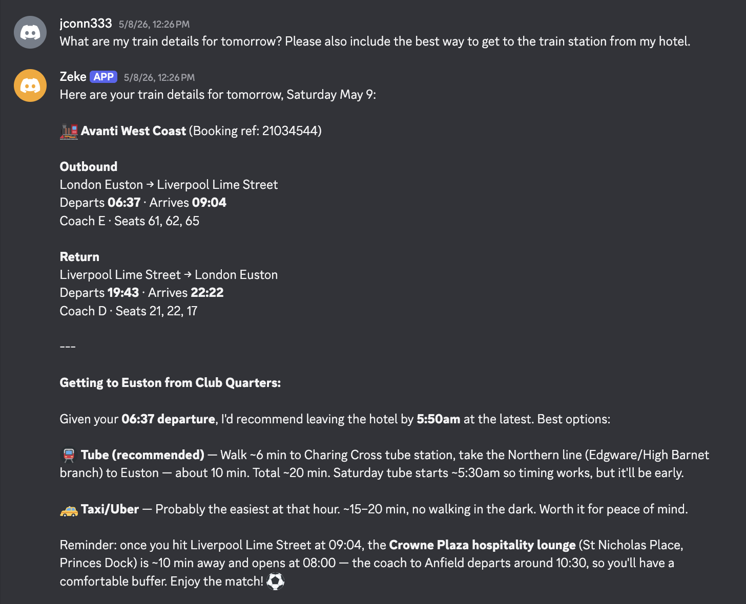 Discord: asking Zeke for the train details — the full itinerary for Saturday, down to the recommended 5:50am hotel departure.