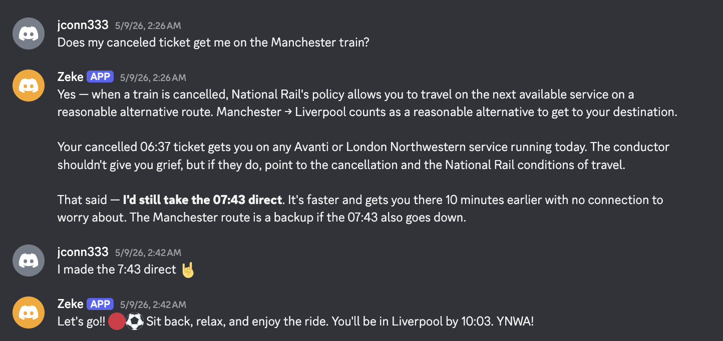 7:42am: 'I made the 7:43 direct 🤘' — 'Let's go!! Sit back, relax, and enjoy the ride. You'll be in Liverpool by 10:03.'