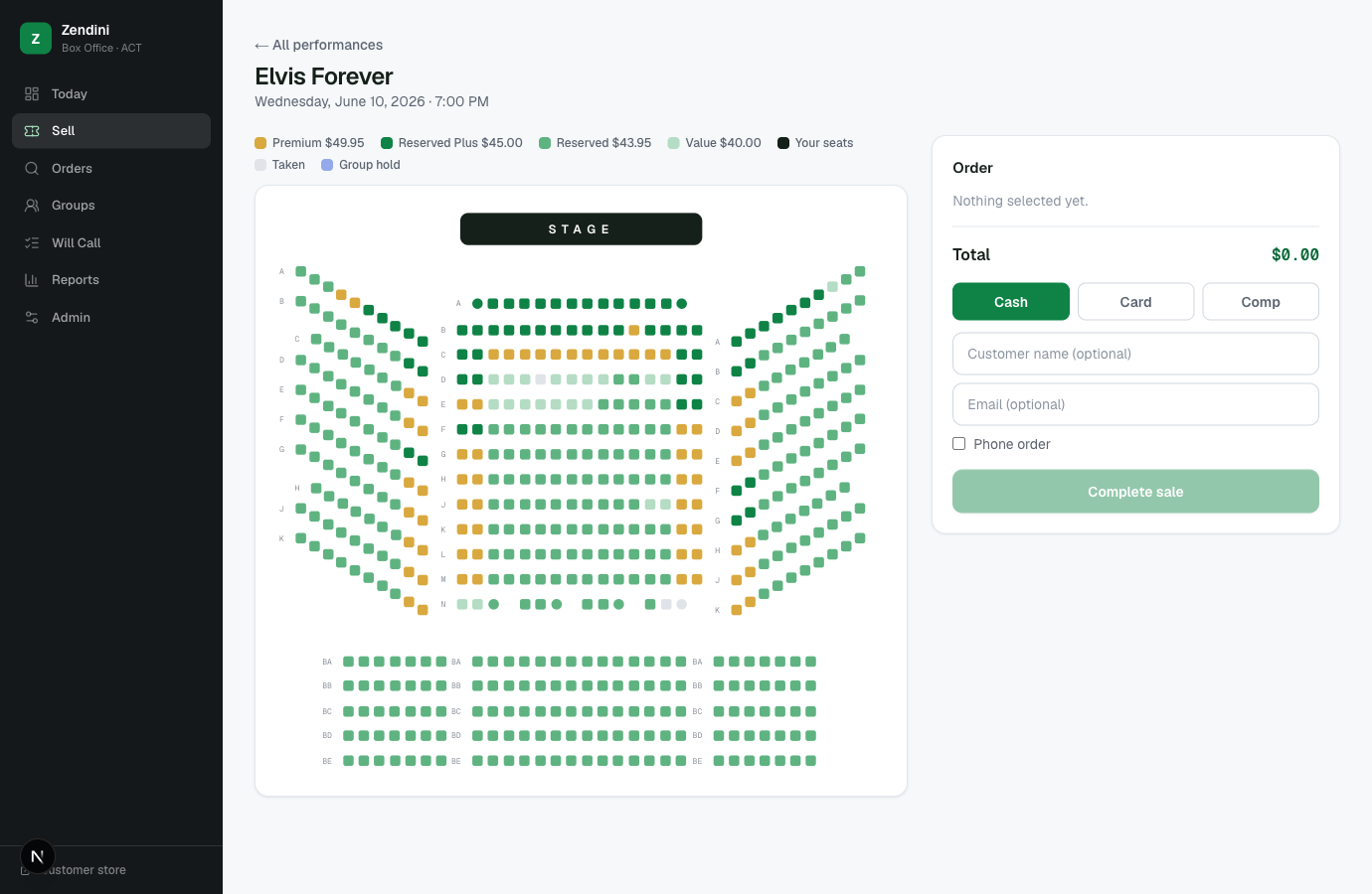 The box-office sell screen — seat map plus cash, card, and comp order handling.