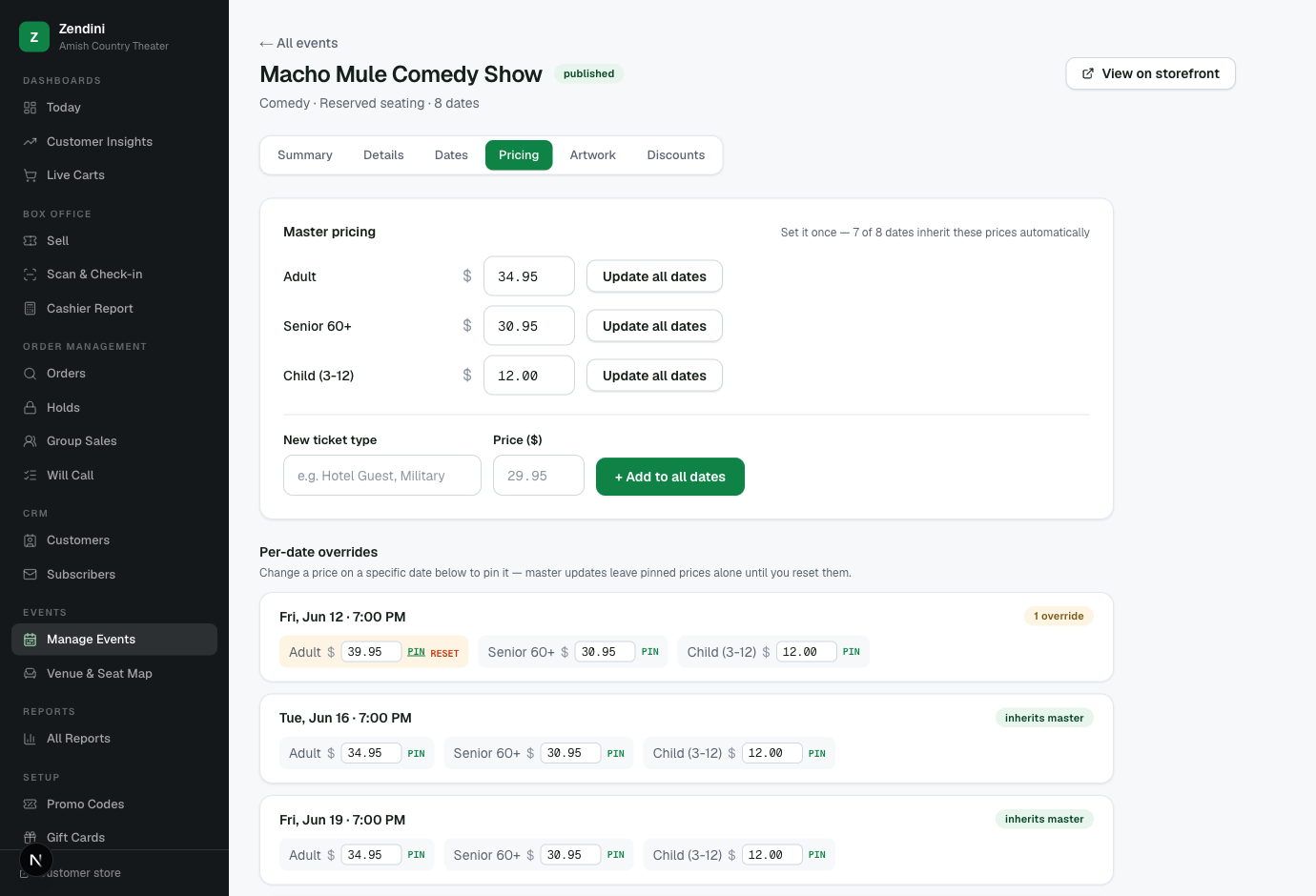 Pricing templates — master prices set on the event, with a single date override pinned.