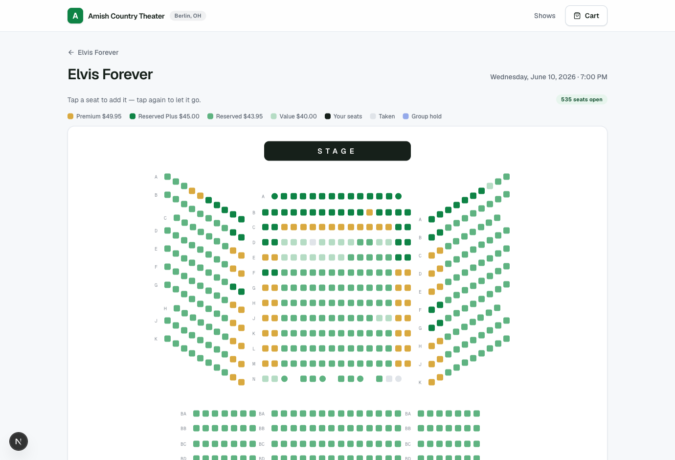 The seat picker — the theater's real 538-seat layout with color-coded price tiers.