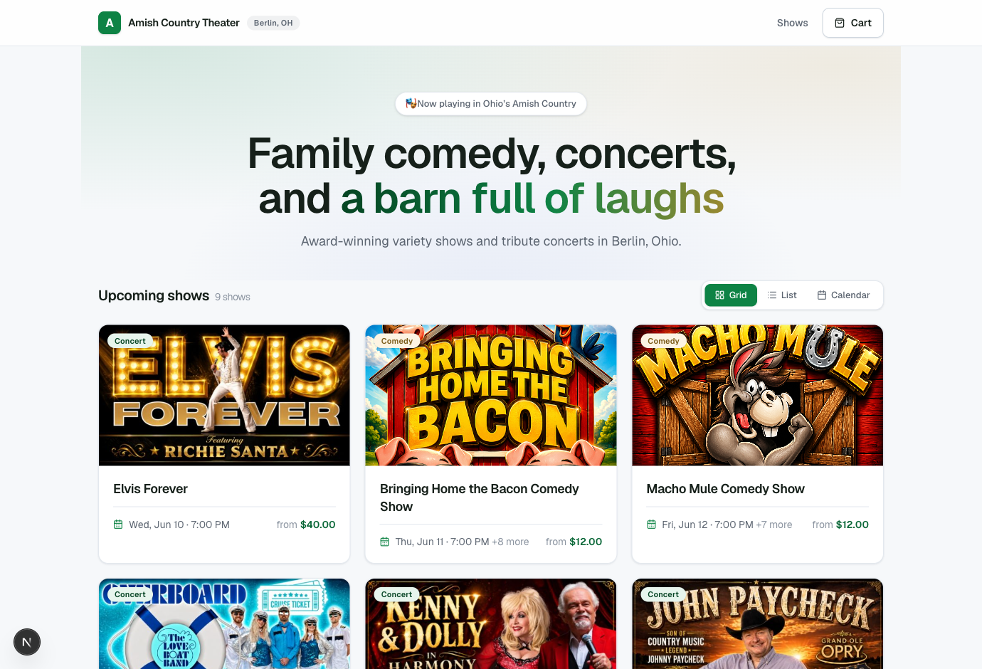 The Zendini storefront — show artwork cards on the theater's branded home page.